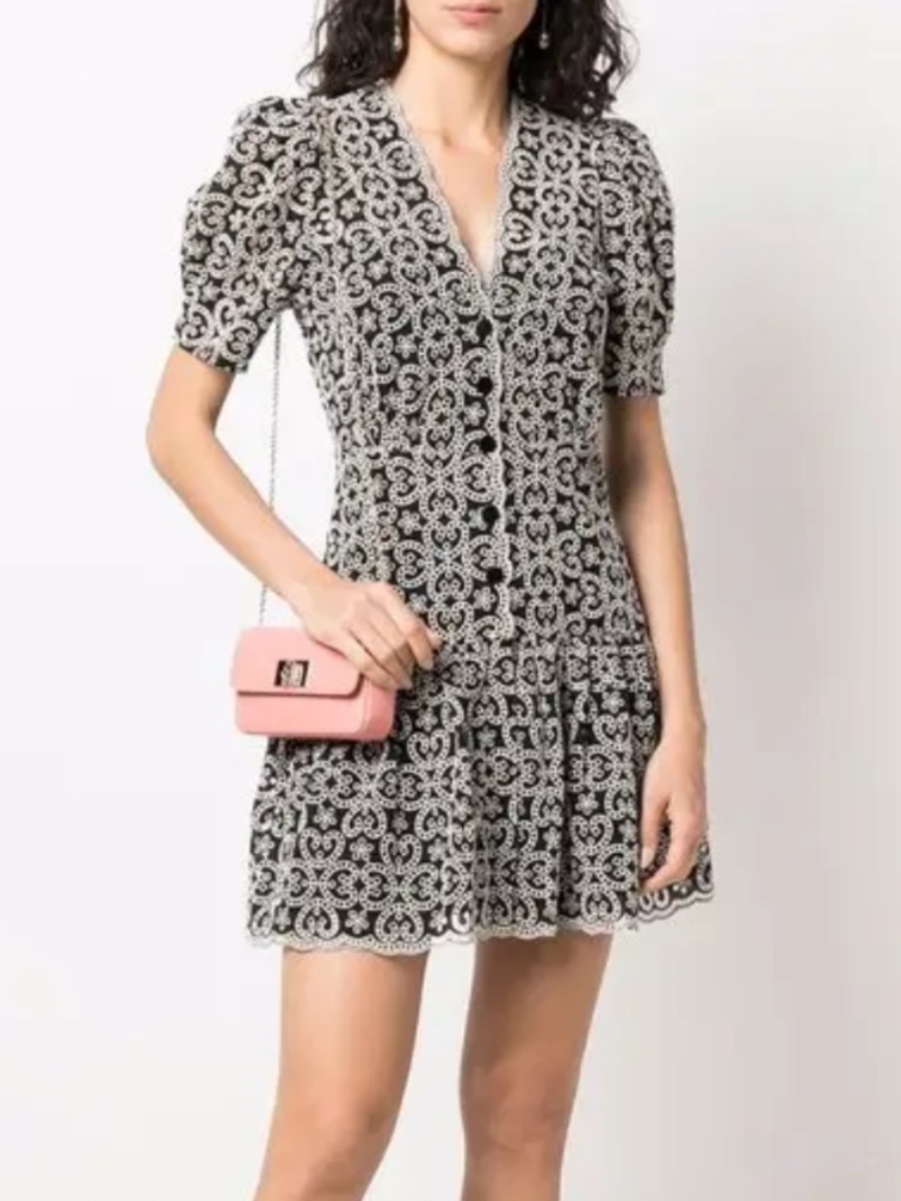 Sandro Angeles Black and White Embroidered A-Line Mini Dress